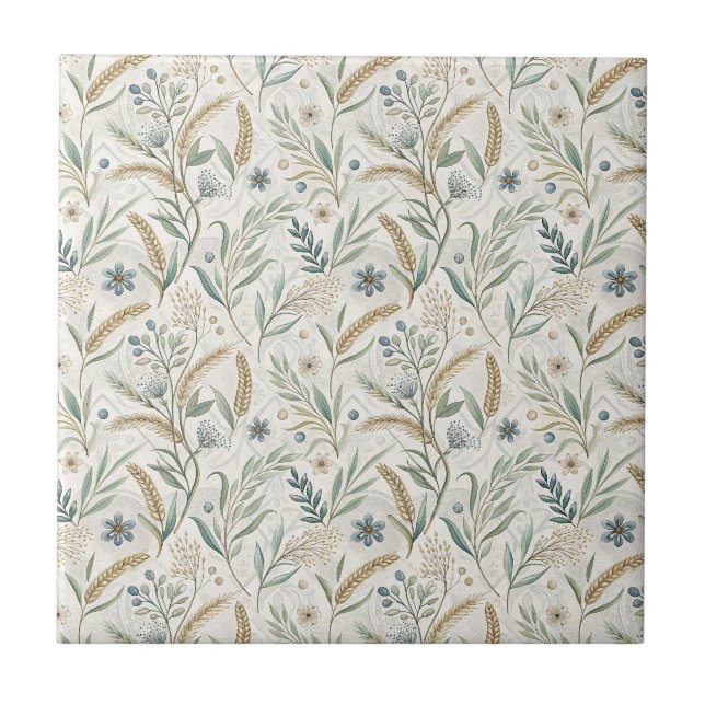 Rustic Wheat & Wildflower Botanical Floral Pattern Tile (Front)