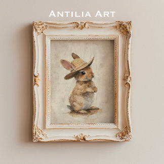 Rustic Whimsical Animal Art Bunny with Straw Hat Poster