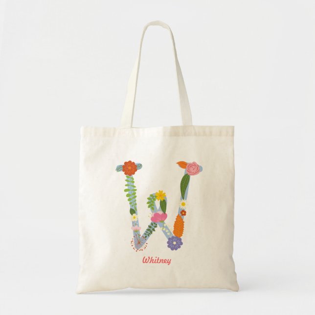 Rustic Whimsical Flower Monogram (W) Tote Bag (Front)