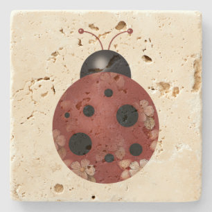Rustic Whimsical Primitive Floral Ladybug Stone Coaster