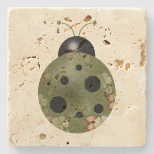 Rustic Whimsical Primitive Green Floral Ladybug Stone Coaster