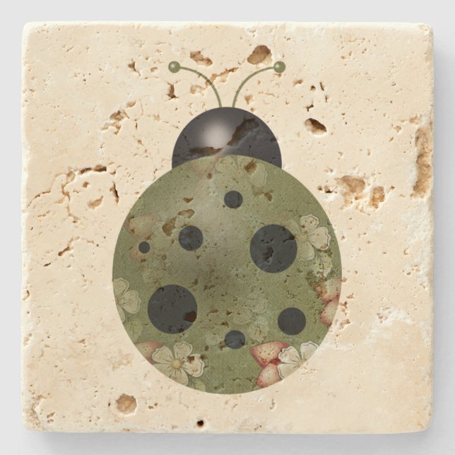 Rustic Whimsical Primitive Green Floral Ladybug Stone Coaster (Front)