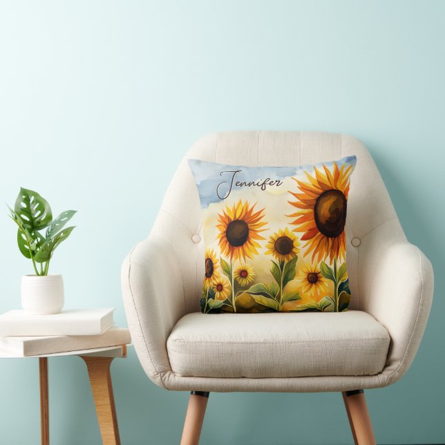 Rustic Whimsical Watercolor Sunflowers Monogram Cushion (Chair)