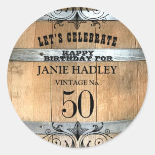 Rustic Whiskey Barrel 50th Birthday Sticker