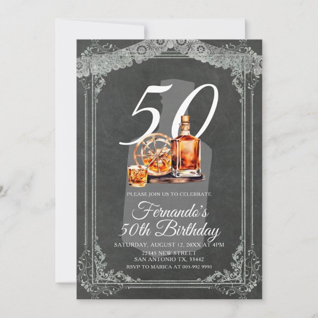 Rustic Whiskey Bottle 50th Adult Birthday Invitation (Front)
