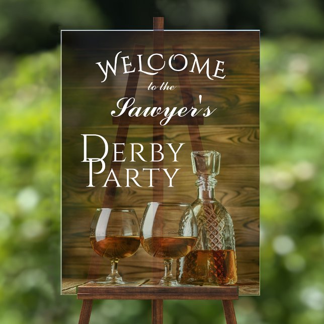 Rustic Whiskey Derby Party Welcome Acrylic Sign (Rustic whiskey decanter and glasses derby party acrylic welcome sign)
