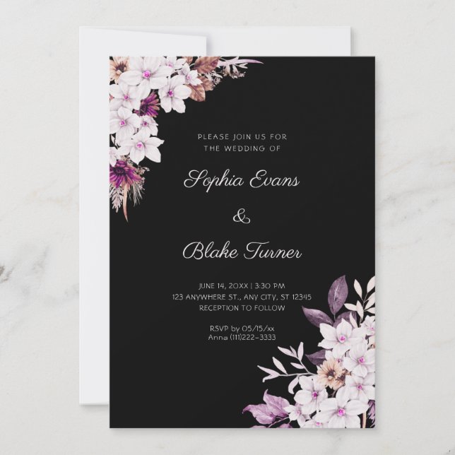 Rustic White and Pink Flowers Boho Black Wedding Invitation (Front)