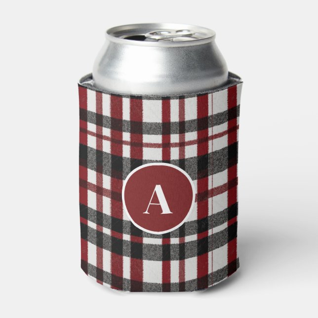 Rustic White and Red Plaid Pattern Can Cooler (Can Front)