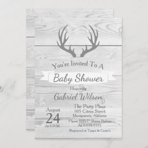 Rustic White Barn Grey Wood Antlers Invitation