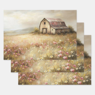 Rustic White Barn Wildflower Field Decoupage Wrapping Paper Sheet