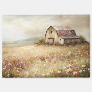 Rustic White Barn Wildflower Field Painting Magnet