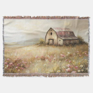 Rustic White Barn Wildflower Field Painting Throw Blanket