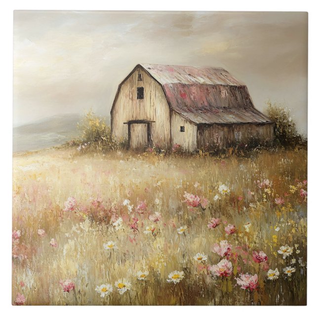Rustic White Barn Wildflower Field Painting Tile (Front)