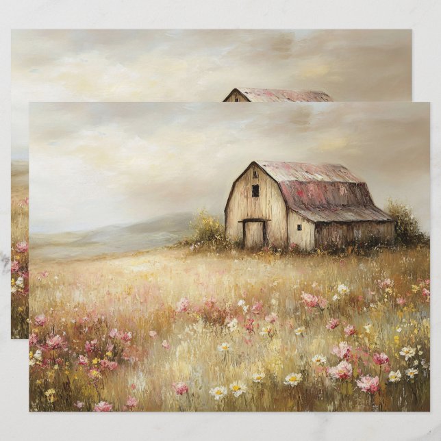 Rustic White Barn Wildflower Field Scrapbook Paper (Front/Back)