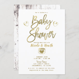 Rustic White Barn Wood Chic Gold Baby Shower   Invitation