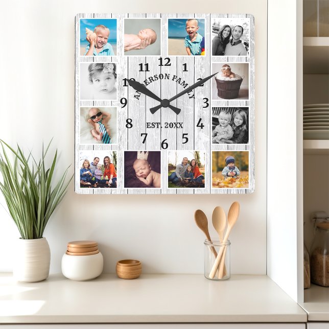Rustic White Barn Wood Farmhouse 12 Photo Collage Square Wall Clock (Creator Uploaded)