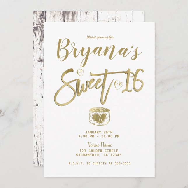 Rustic White Barn Wood Gold Sweet 16 Party   Invitation (Front/Back)