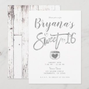 Rustic White Barn Wood Silver Sweet 16 Party Invitation