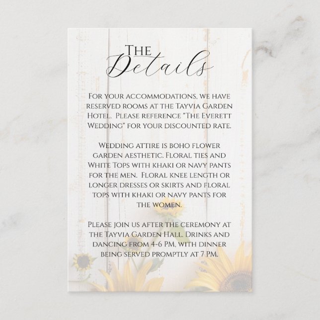 Rustic White Barn Wood Sunflower Wedding Details Enclosure Card (Front)