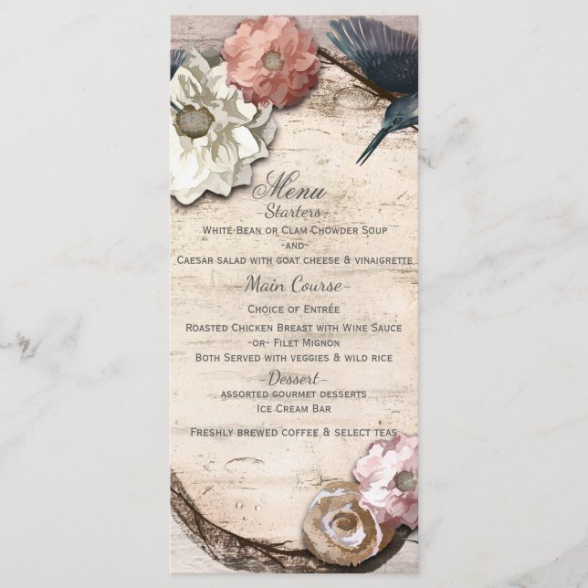 Rustic White Birch Floral & Hummingbird Menu (Front)