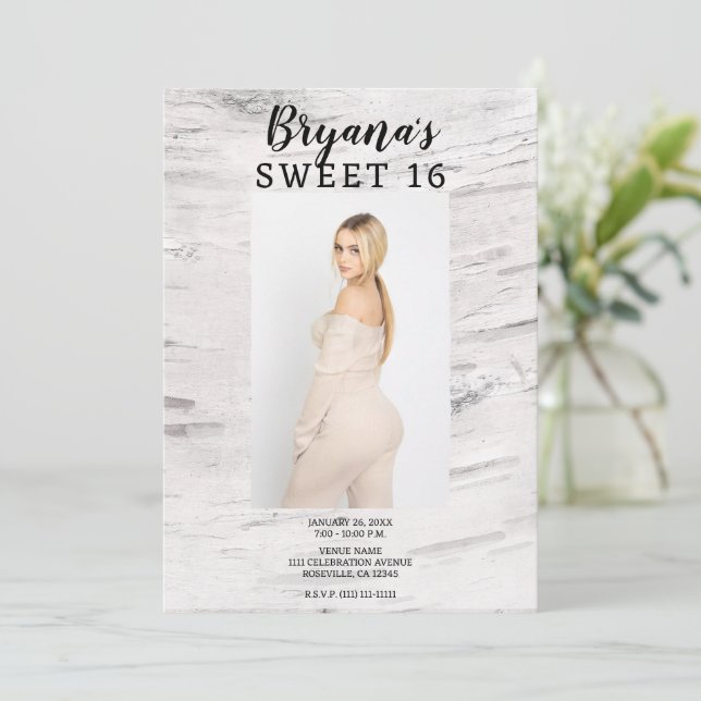 Rustic White Birch Trendy Photo Modern Sweet 16 Invitation (Standing Front)