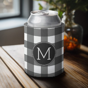 Rustic White Black Buffalo Check Pattern Monogram Can Cooler
