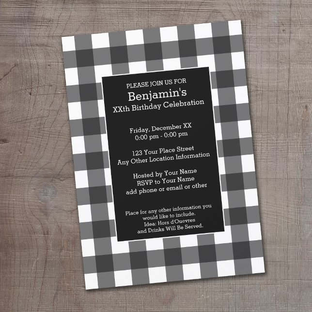 Rustic White & Black Buffalo Plaid Birthday Party Invitation (Buffalo Plaid Birthday Party Invitation)