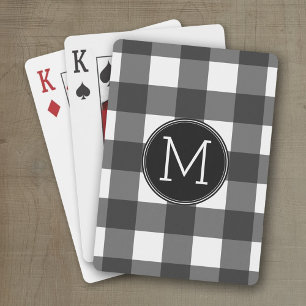 Rustic White Black Buffalo Plaid Pattern Monogram Playing Cards