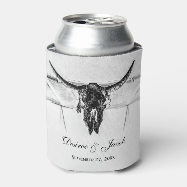 Rustic White Black Western Cow Skull Wedding Can Cooler (Can Front)
