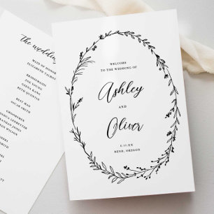 Rustic White & Black Wildflower Wreath Wedding Programme