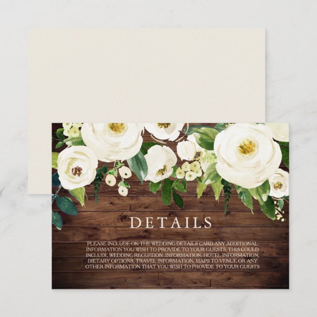 Rustic White Blooming Flowers Wedding Details Card (Front/Back)