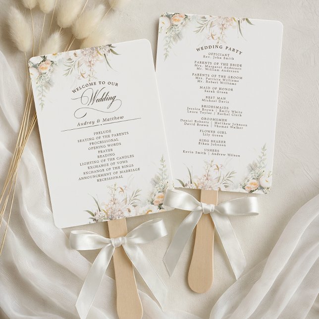 Rustic White Blooms Wedding Program Hand Fan (Creator Uploaded)