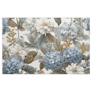 Rustic White Blue Botanical Pastel Vintage Floral Fabric