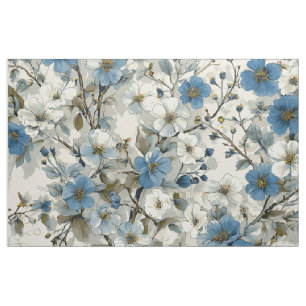Rustic White Blue Botanical Pastel Vintage Floral Fabric