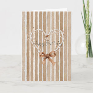 Rustic White Branch Heart Brown Stripes Birthday Card
