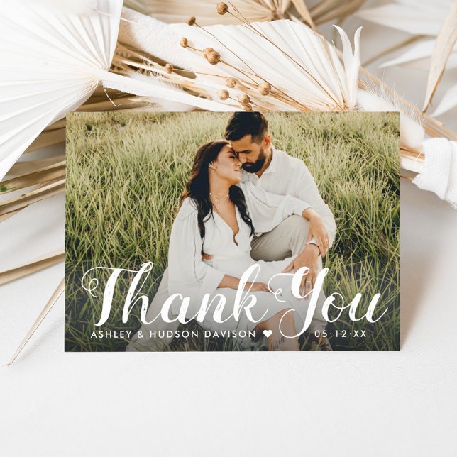 Rustic White Brushed Script Wedding Photo Thank You Card (Creator Uploaded)