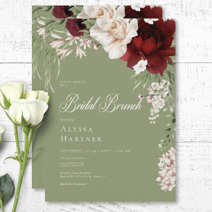 Rustic White & Burgundy Floral Green Bridal Brunch Invitation