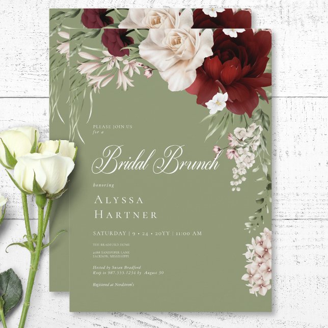 Rustic White & Burgundy Floral Green Bridal Brunch Invitation (Rustic White & Burgundy Floral Green Bridal Brunch Invitation)