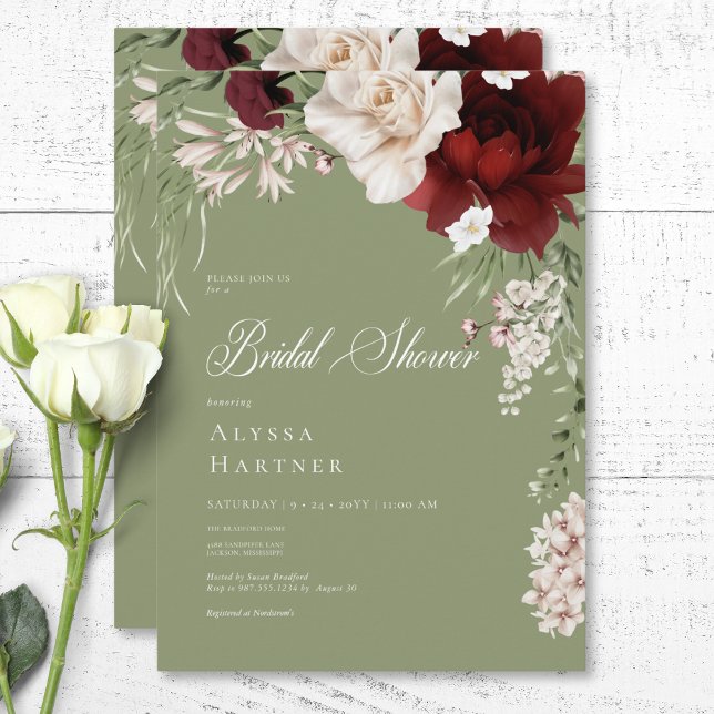 Rustic White & Burgundy Floral Green Bridal Shower Invitation (Rustic White & Burgundy Floral Green Bridal Shower Invitation)