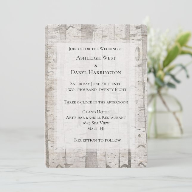 Rustic White Cream Birch Trees Wedding Invitation (Standing Front)