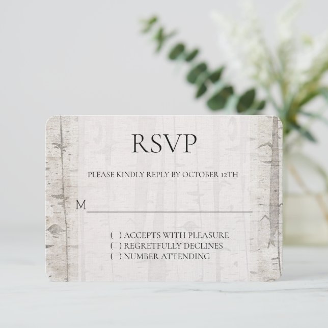 Rustic White Cream Birch Trees Wedding RSVP Card (Standing Front)