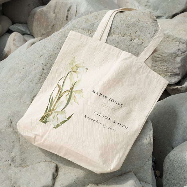 Rustic White Daffodil Floral Watercolor Wedding Tote Bag (Creator Uploaded)