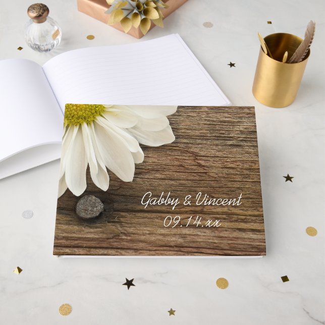 Rustic White Daisy and Barn Wood Country Wedding Guest Book (Front Open)