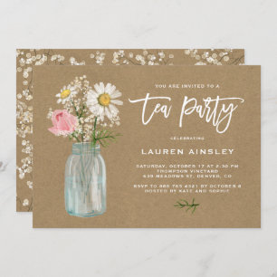Rustic White Daisy in Mason Jar Kraft Tea Party Invitation