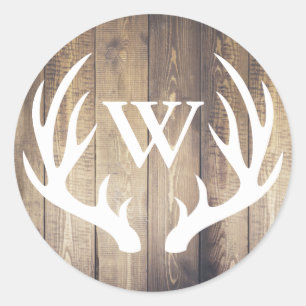 Rustic White Deer Antlers Barn Wood Initial Letter Classic Round Sticker