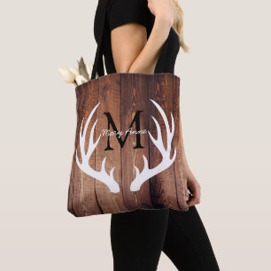 Rustic White Deer Antlers Barn Wood & Name Tote Bag