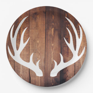 Rustic White Deer Antlers Barn Wood Paper Plate