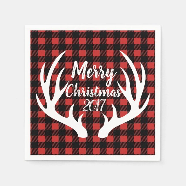 Rustic White Deer Antlers Buffalo Check Plaid Napkin (Front)