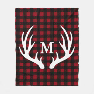 Rustic White Deer Antlers Buffalo Plaid Custom Fleece Blanket