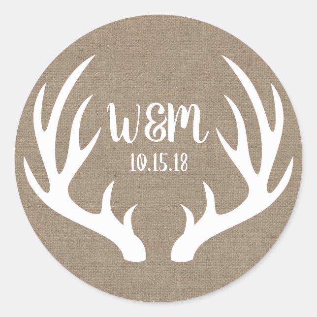 Rustic White Deer Antlers Burlap Couple's Initials Classic Round Sticker (Front)